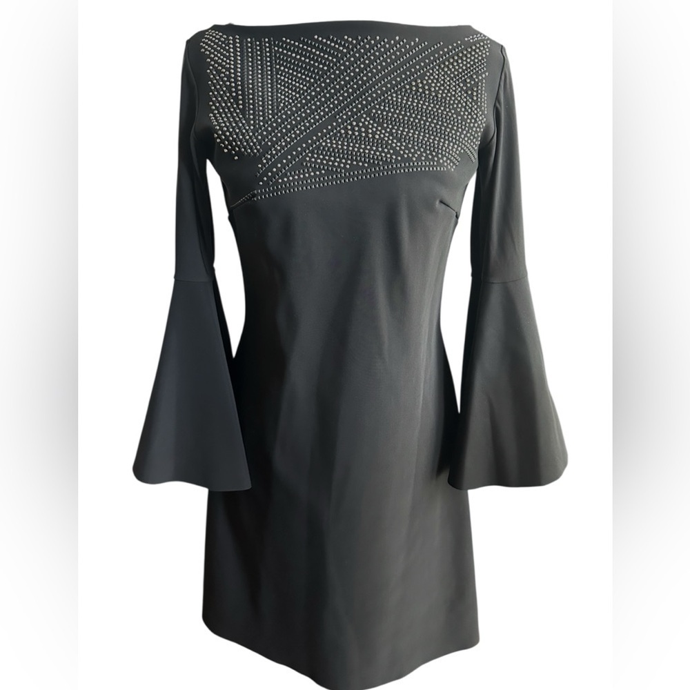 Chiara Boni Italian Black Studded Long Bell Sleeve Cocktail Dress Size 40 US 6